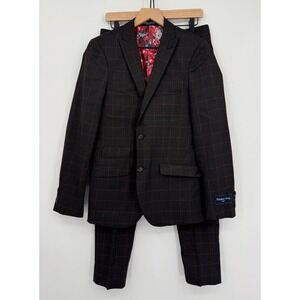 Paisley & Gray Suit Mens 36R Black Red Plaid Slim Fit Jacket Pants 30x29